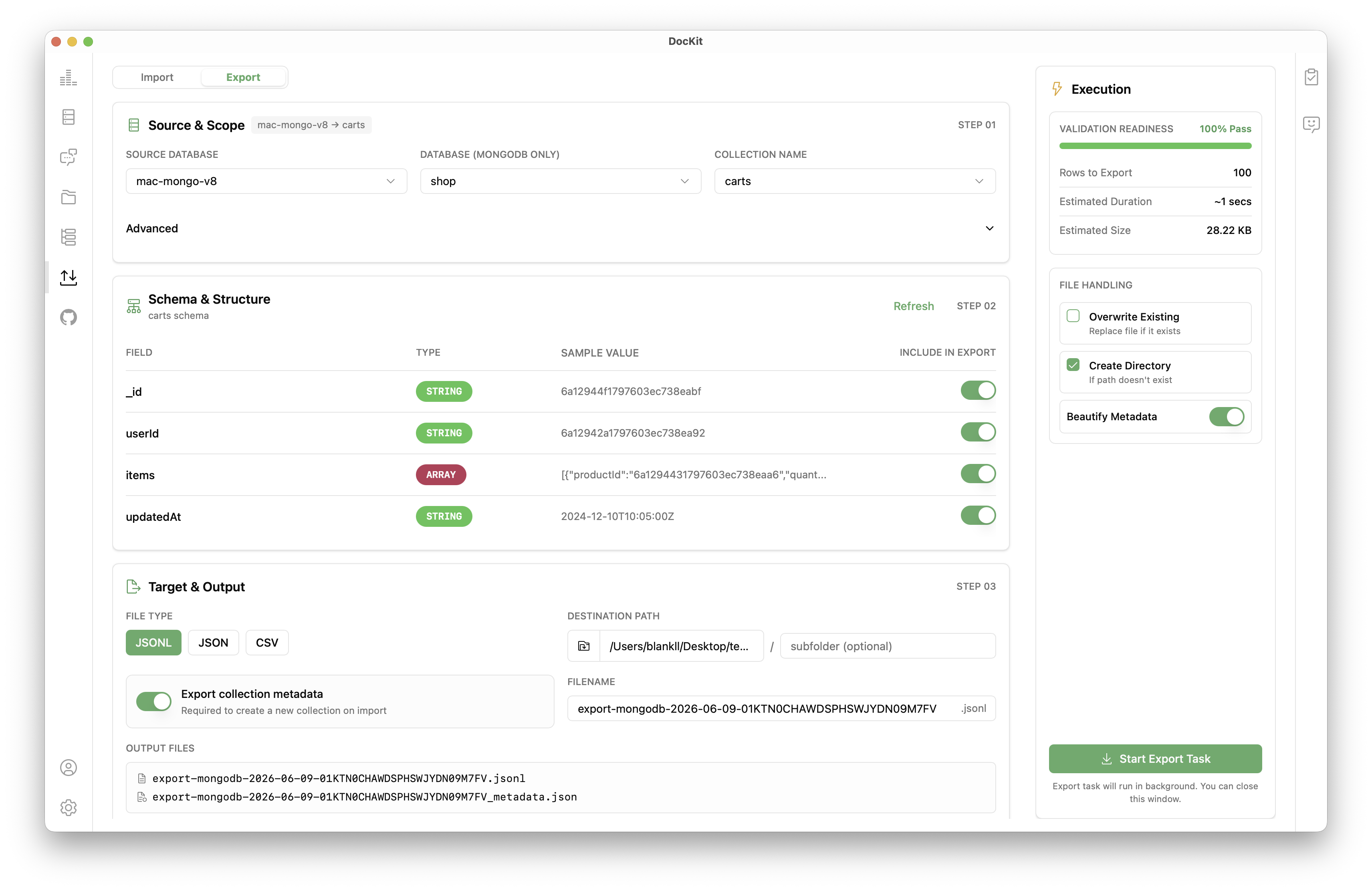 DocKit MongoDB data import export panel screenshort
